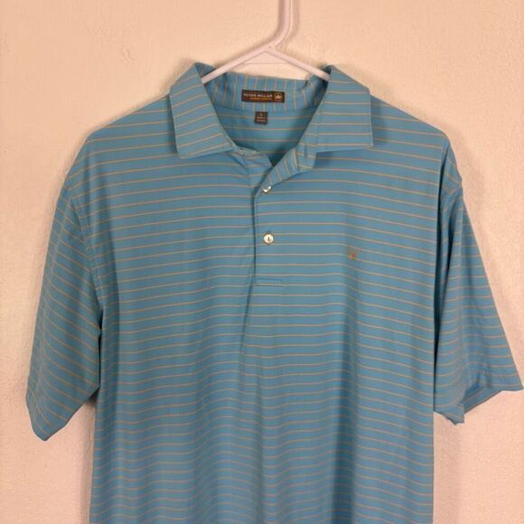 Peter Millar Blue w/ Yellow Striped Collared Short Sleeve Polo Top Men's L - Picture 2 of 9